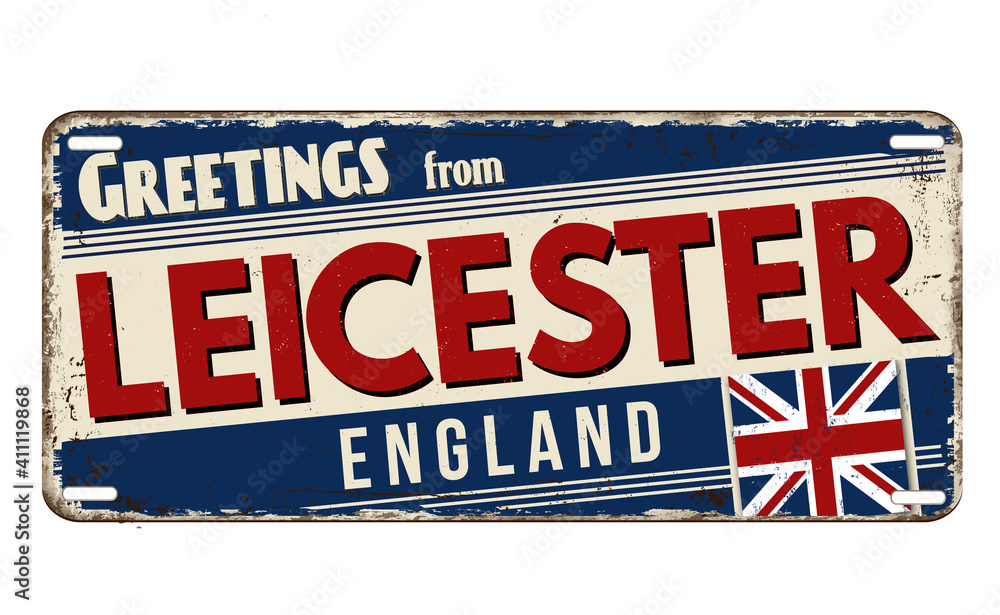 Fototapeta premium Greetings from Leicester vintage rusty metal plate