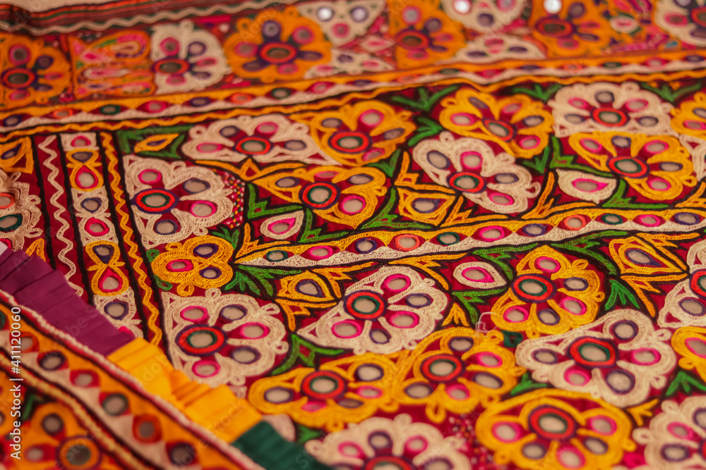 Rajeshthan India embroidery close up view,handwork embroidery,selective focus on handmade embroidery.traditional Indian handmade embroidery