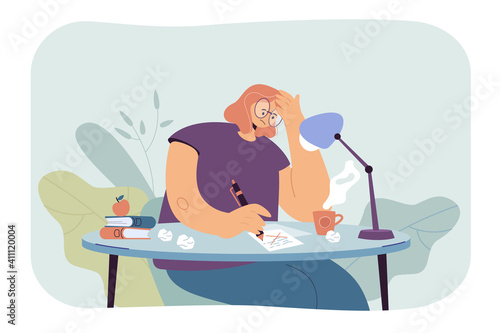 Thoughtful female writer going through creative crisis and doubts while writing new article or novel. Flat vector illustration for young author, journalist job, creativity problems concept