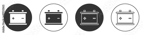 Black Car battery icon isolated on white background. Accumulator battery energy power and electricity accumulator battery. Circle button. Vector Illustration.