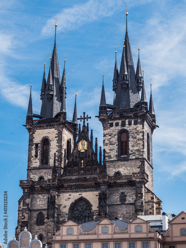 Fototapeta premium Church of Our Lady before Tyn Spires, Exterior of a Gothic Building in the Old Town of Prague, Czech Republic