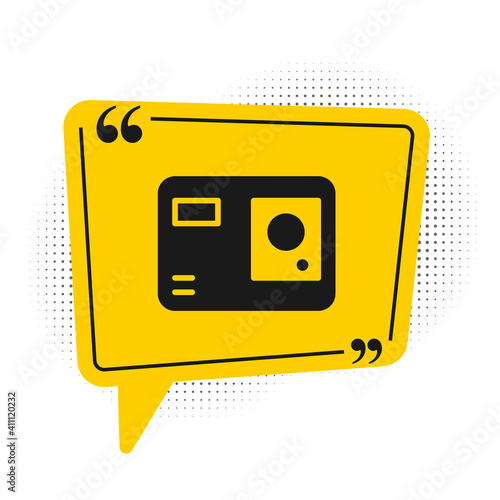 Black Action extreme camera icon isolated on white background. Video camera equipment for filming extreme sports. Yellow speech bubble symbol. Vector Illustration.