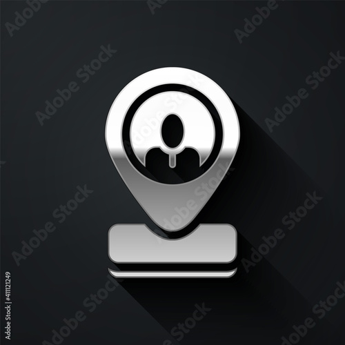 Silver Worker location icon isolated on black background. Long shadow style. Vector.