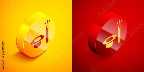 Isometric Magic hat and wand icon isolated on orange and red background. Magic trick. Mystery entertainment concept. Circle button. Vector.