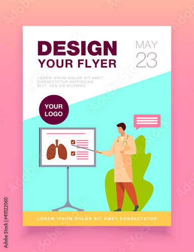 Medical specialist giving information about lungs. Physician, lecture, respiration flat vector illustration. Medicine and healthcare concept for banner, website design or landing web page