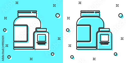 Black line Sports nutrition bodybuilding proteine power drink and food icon isolated on green and white background. Random dynamic shapes. Vector.