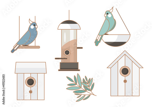 Set icon parrot with cage, food and accessories. Pet shop concept. Vector illustration.