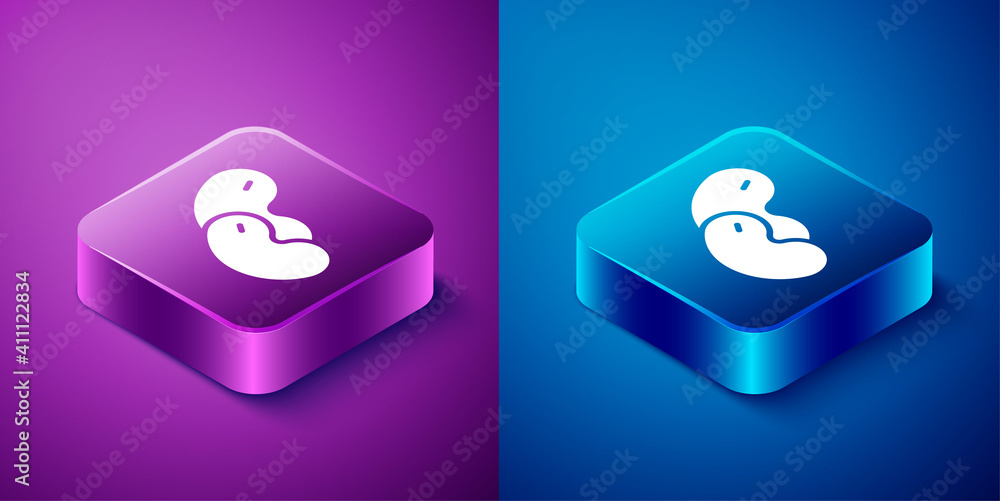 Isometric Beans icon isolated on blue and purple background. Square button. Vector. Isometric Beans icon isolated on blue and purple background. Square button. Vector.