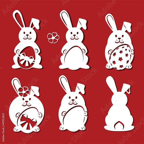 Bunny set. Easter bunny for laser cutting on red background. Icons for greeting card. Vector illustration. Bunny holds an egg in its paws