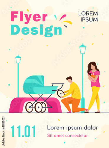 Man repairing pram and woman feeding baby. Wheel, park, newborn flat vector illustration. Motherhood and lactation concept for banner, website design or landing web page