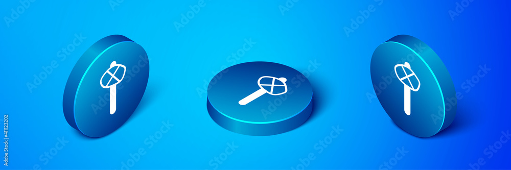 Isometric Stone age hammer icon isolated on blue background. Blue circle button. Vector.