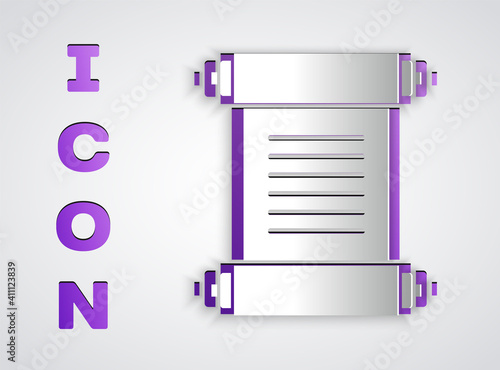Paper cut Decree, paper, parchment, scroll icon icon isolated on grey background. Paper art style. Vector.