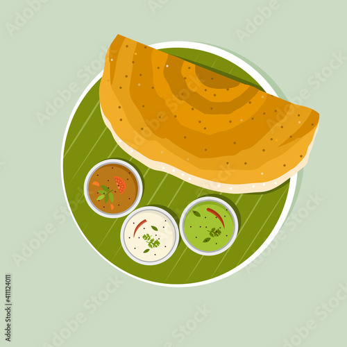 South Indian breakfast dish 'Dosa with Sambar and Chutney' on banana leaf