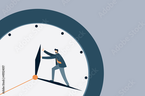 Conceptual illustration of a businessman trying to stop the time