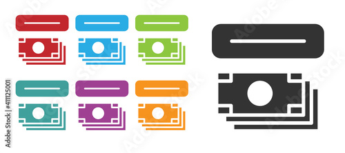 Black ATM - Automated teller machine and money icon isolated on white background. Set icons colorful. Vector.