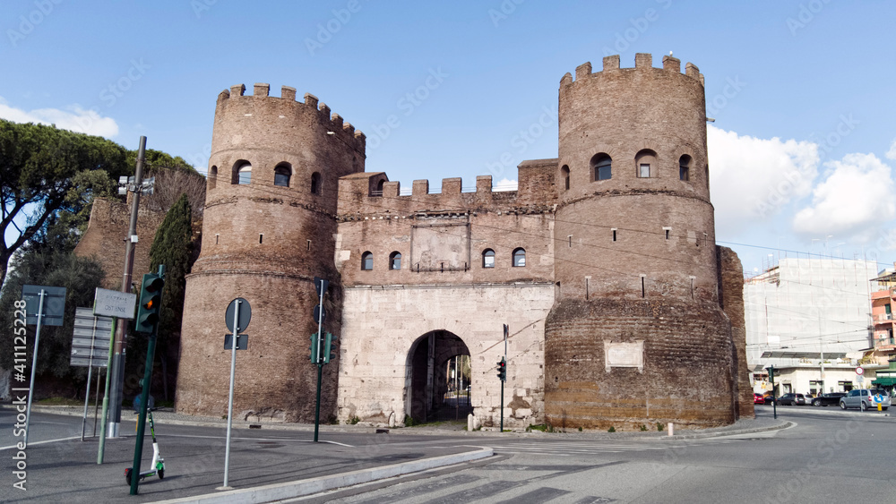 Ancient majestic and well preserved Porta San Paolo gate one of the southern gates of the Aurelian Walls in Rome