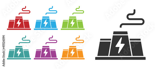 Black Power station plant and factory icon isolated on white background. Energy industrial concept. Set icons colorful. Vector.