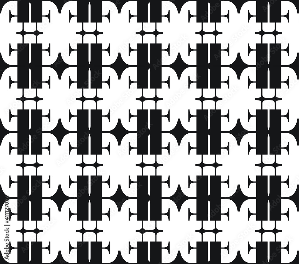 Simple square grid repeat pattern of black rectangular blocks and crossing lines against a white background, geometric vector illustration