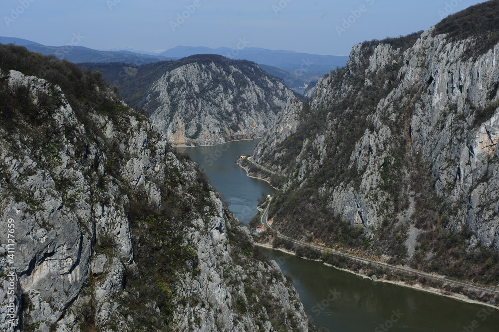 Danube gorges. Landscape with Danube gorges photographed from above. Aerial photography.