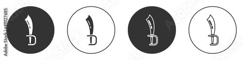 Black Pirate sword icon isolated on white background. Sabre sign. Circle button. Vector.