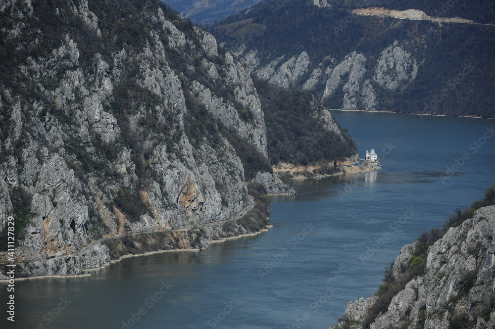 Danube gorges. Landscape with Danube gorges photographed from above. Aerial photography.