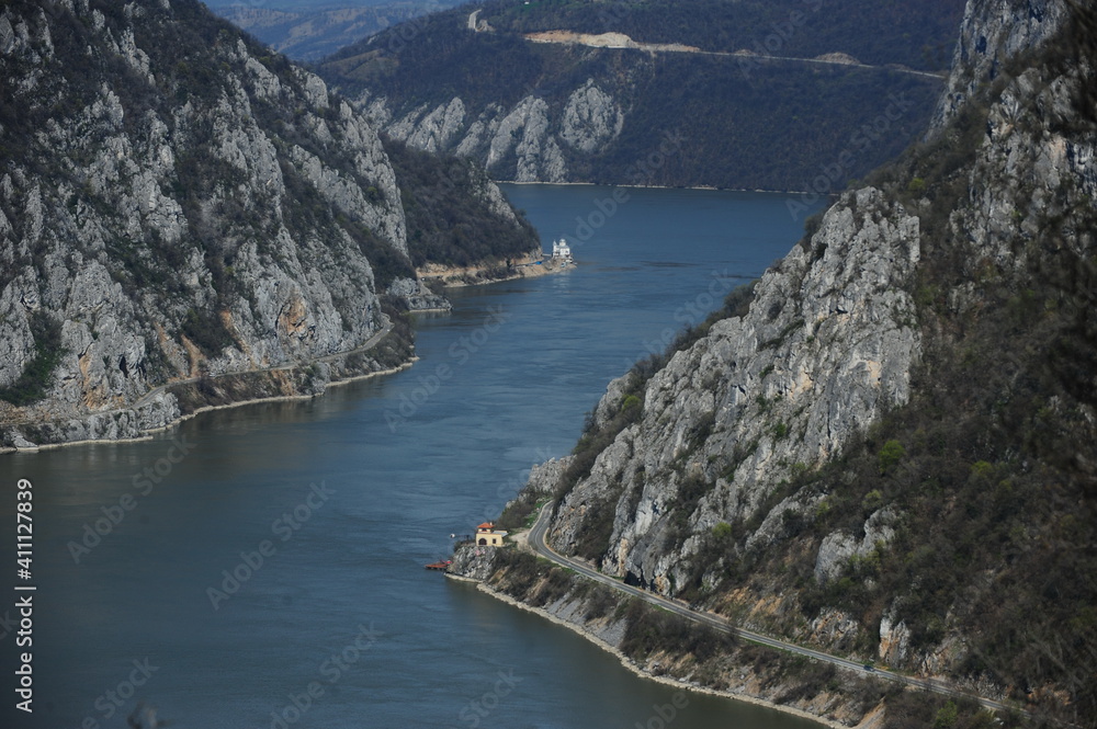 Danube gorges. Landscape with Danube gorges photographed from above. Aerial photography.