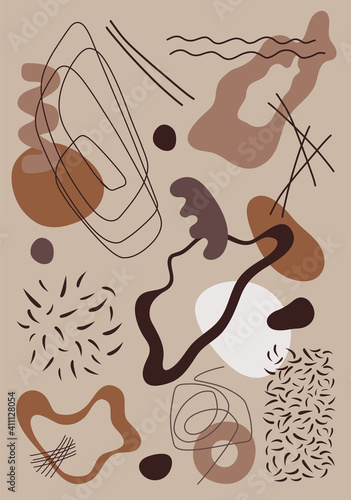 Elements of earthen abstract shapes for poster, wallpapers, media frame. Editable composition. Line, point, shape on a plane. Surreal painting for the interior. Psychology, cosmetology, art.