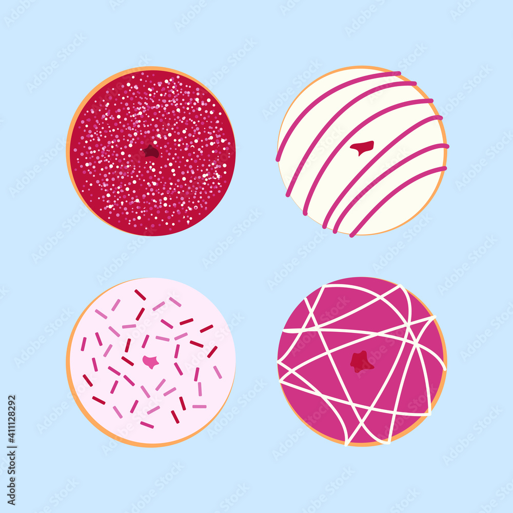 Donuts set of white donut, pink donut and dark pink donuts. Glazed donuts isolated on blue background. Vector stock illustration. Donuts set of white donut, pink donut and dark pink donuts. Glazed donuts isolated on blue background. Vector stock illustration.