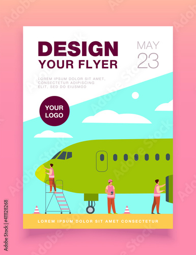 Plane service isolated flat vector illustration. Cartoon mechanics repairing airplane before flight or adding fuel. Aircraft maintenance and aviation concept