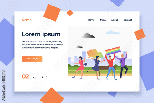 Cheerful people in pride parade. Diversity, discrimination, freedom concept. Vector illustration can be used for topics like tolerance, homophobia, social rights