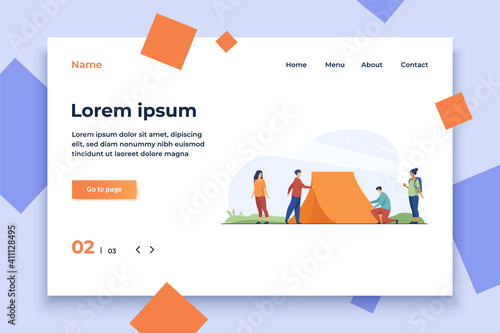 Guys putting up tent on nature and women watching. Camp, backpack, travel flat vector illustration. Adventure and weekend concept for banner, website design or landing web page
