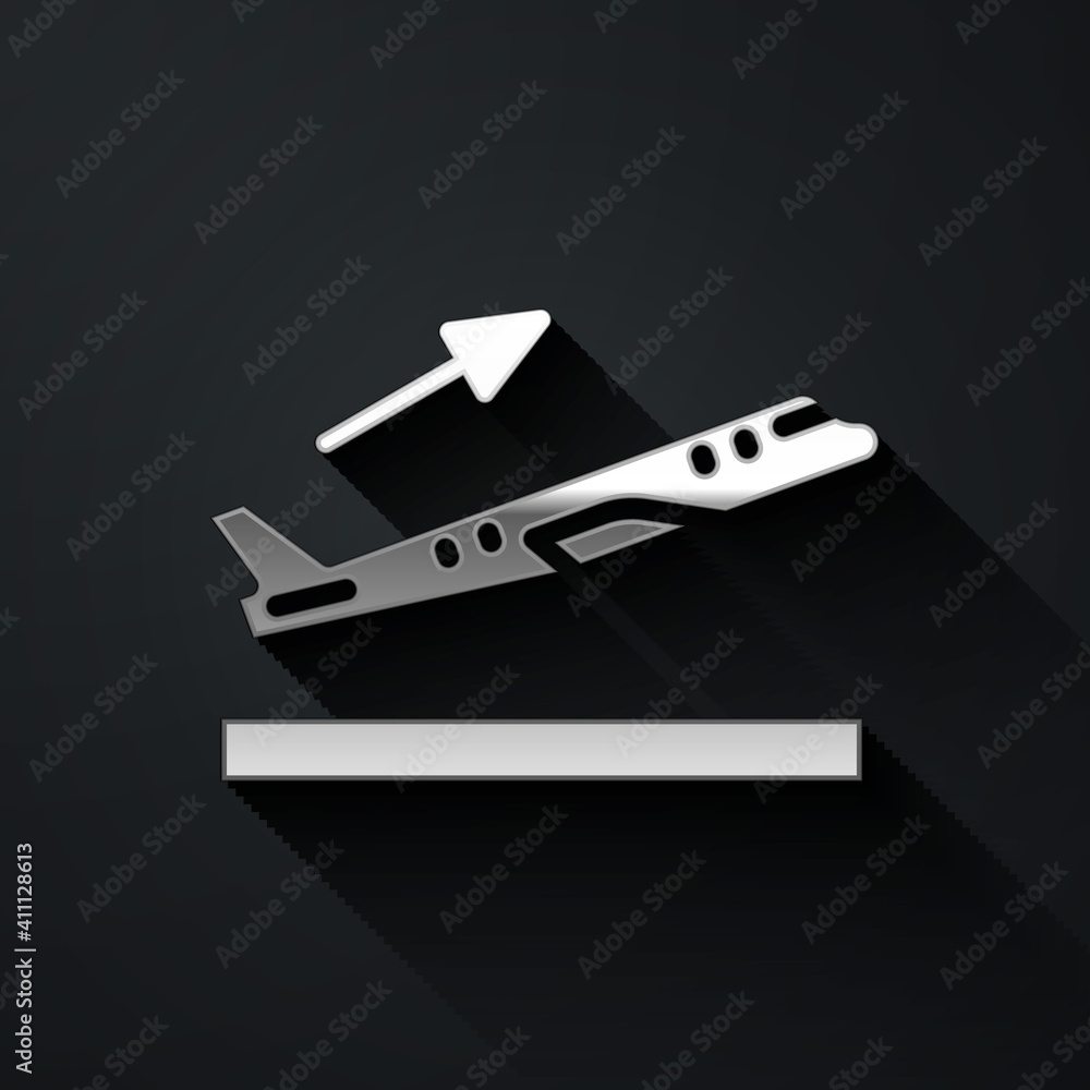 Fototapeta premium Silver Plane takeoff icon isolated on black background. Airplane transport symbol. Long shadow style. Vector.