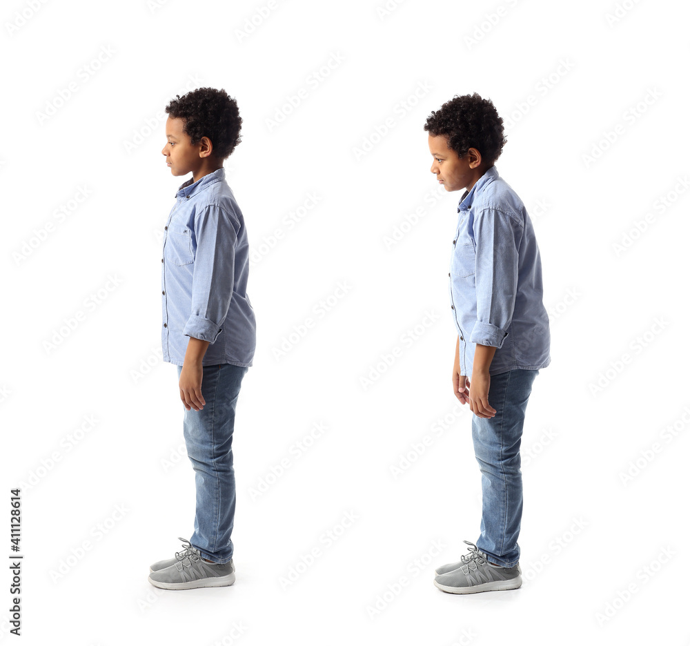 Little African-American boy with proper and bad posture on white background Little African-American boy with proper and bad posture on white background