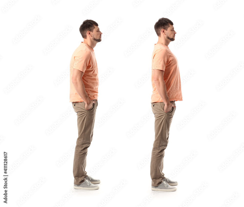 Man with bad and proper posture on white background - obrazy, fototapety, plakaty 