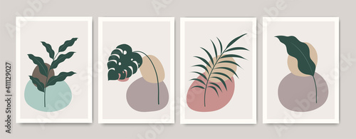 Set of abstract hand painted mid century posters with geometric shapes. Composition design for wall decoration, cover, social media, brochure design, branding, print.
