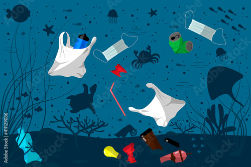 Ocean pollution, plastic bottles, bags, masks in water. Ecology problems concept. Panoramic seascape. Flat style