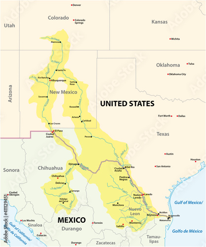 Map of the Rio Grande, Rio Bravo Drainage Basin, Mexico, United States  photo