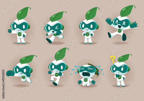 modern green eco robot mascot character set