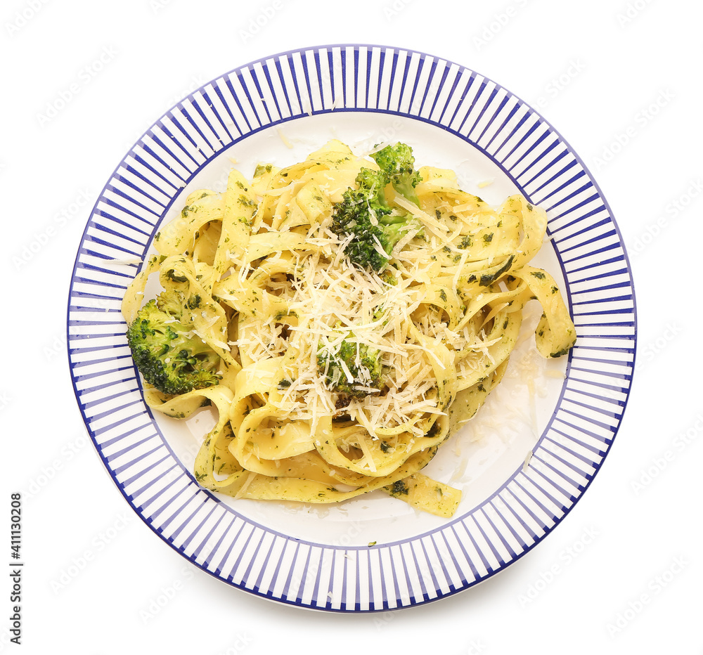 Tasty pasta with broccoli and cheese on white background Tasty pasta with broccoli and cheese on white background