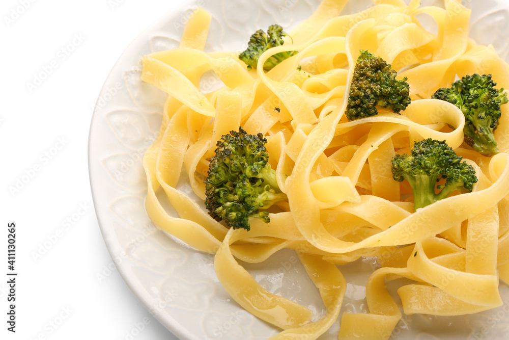 Plate with tasty pasta and broccoli on white background, closeup Plate with tasty pasta and broccoli on white background, closeup