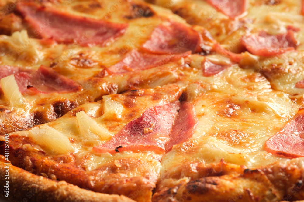 Pizza with ham and cheese filling close-up. Italian food concept. Appetizing pizza. Pizza with ham and cheese filling close-up. Italian food concept. Appetizing pizza.