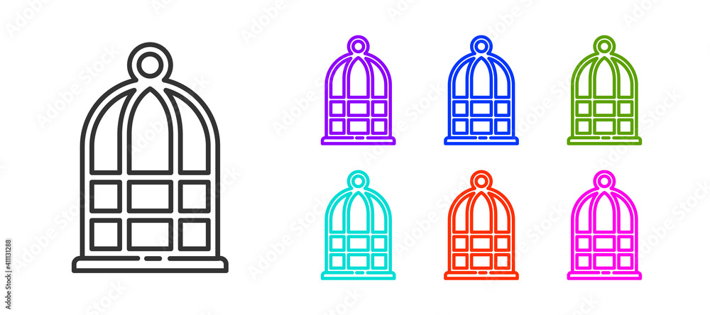 Black line Cage for birds icon isolated on white background. Set icons colorful. Vector.