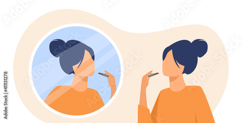 Woman putting on lipstick. Rouging lips, makeup, mirror. Flat vector illustration. Self care, routine, cosmetics concept for banner, website design or landing web page