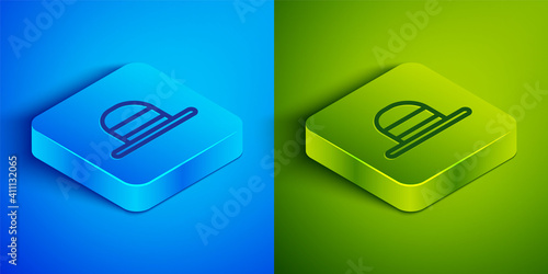 Isometric line Elegant women hat icon isolated on blue and green background. Square button. Vector.
