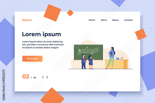 Funny children singing on music lesson. Teacher, note, chalkboard flat vector illustration. Education and creativity concept for banner, website design or landing web page