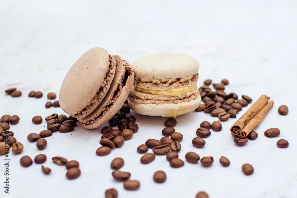 sweet chocolate macaroons with coffee beans. Sweet dessert for tea. Sweets as a gift, a place for text, a place for copying, a banner
