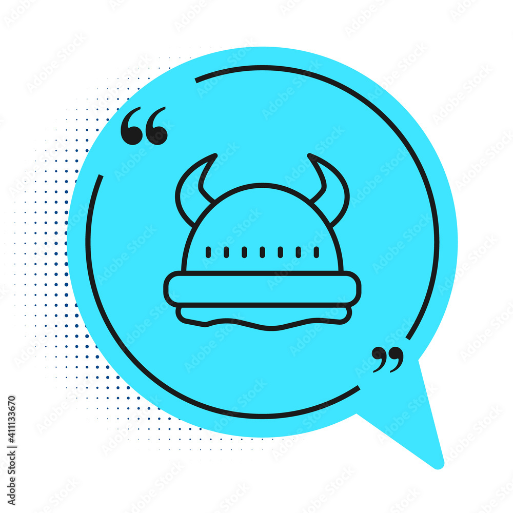 Black line Viking in horned helmet icon isolated on white background. Blue speech bubble symbol. Vector. Black line Viking in horned helmet icon isolated on white background. Blue speech bubble symbol. Vector.