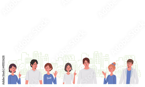 様々な人々のイラスト　大勢の男女　街並み　バナー
