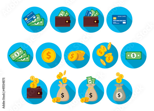 Large set of 2D and 3D icons in a circle. Money, gold coins, green dollars, credit card. Cash and non-cash payments. Bag with money-01.