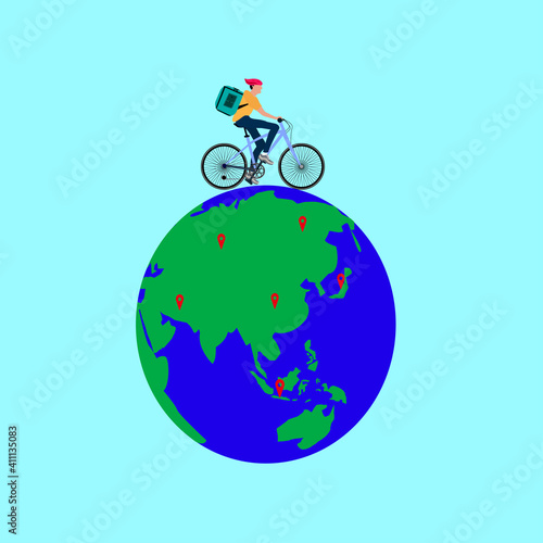 a delivery man who delivers orders around the world using worldwide bicycle transportation flat design illustration